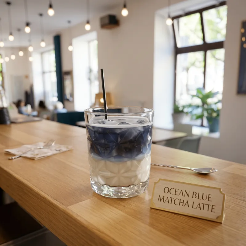 Ocean Blue Matcha Latte im Kristallglas auf Holztheke