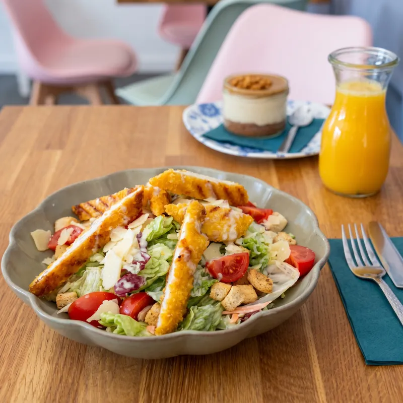 Frischer Caesar Salad mit knusprigem Hähnchen und Orangensaft